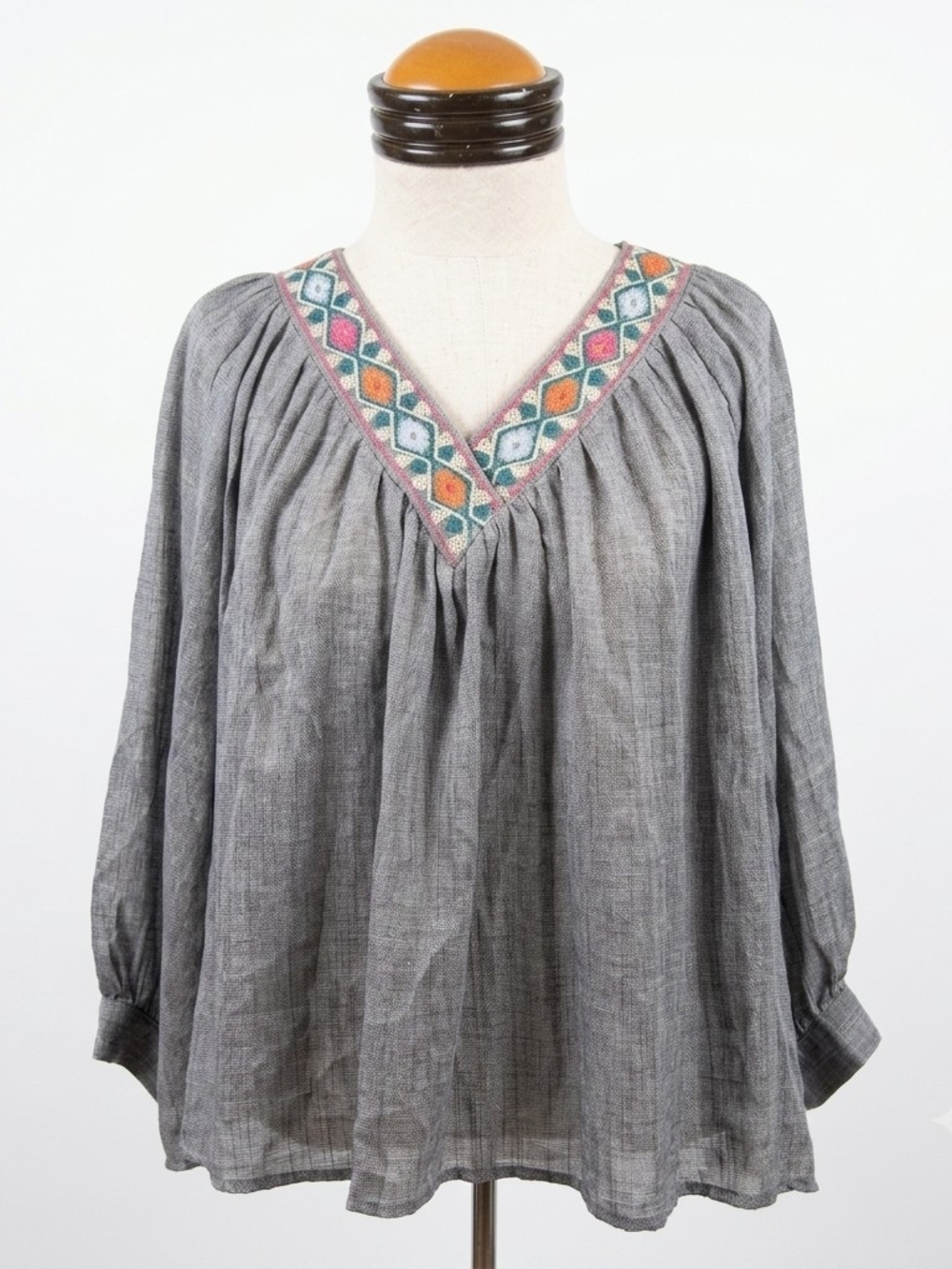 THML Gray Embroidered V-Neck Peasant Blouse